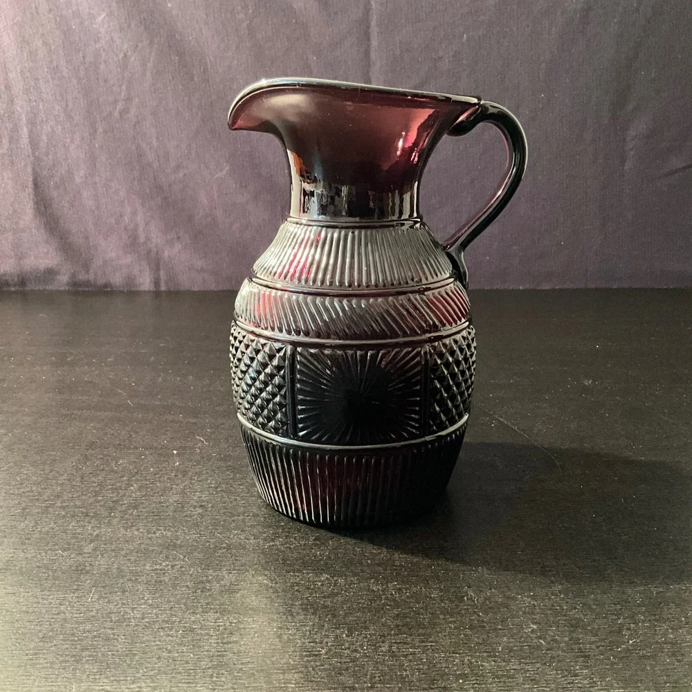 Vintage Clevenger 3 Mold Blown Glass Amethyst Glass Pitcher‎ Embossed Design